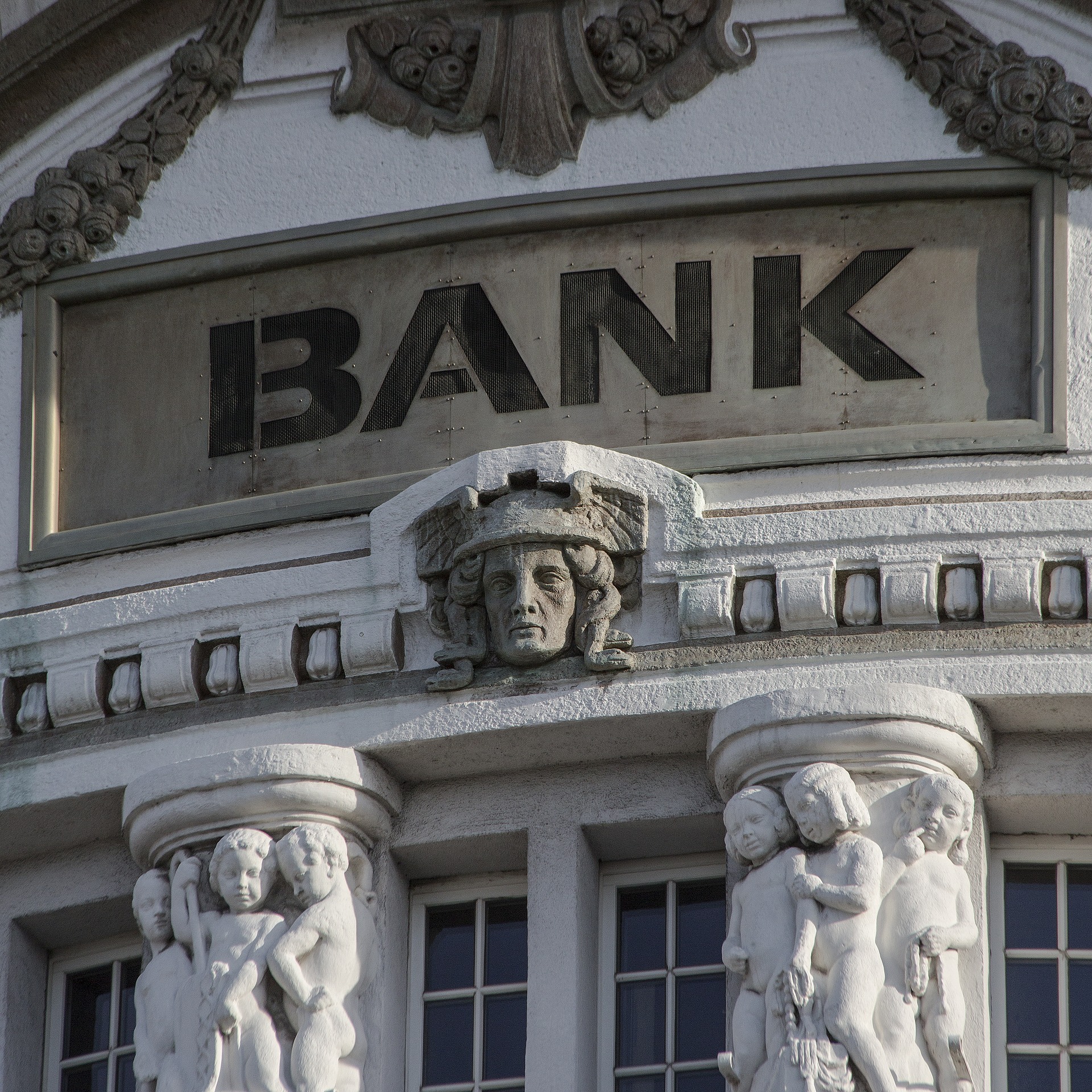 The front of a bank.