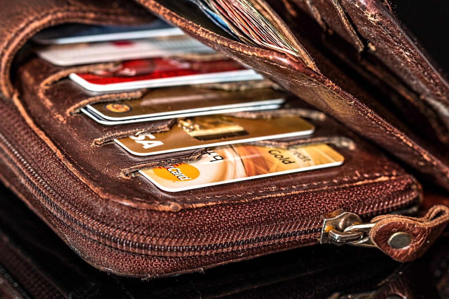 A wallet filled with credit cards.